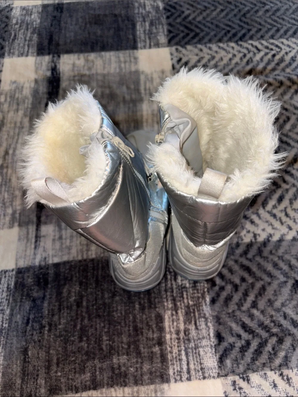 Kids Silver and Light Blue Insulated Snow Boots with Faux-Fur Cuff